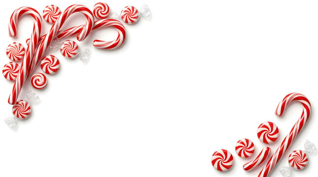 Festive christmas border made of red and white candy canes and peppermint swirls isolated on a white background