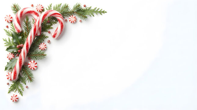 Festive christmas corner border featuring red and white candy canes with green pine branches on white background