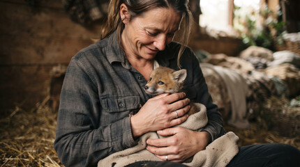 Obraz premium Woman cradling adorable fox cub wrapped in blanket in rustic barn