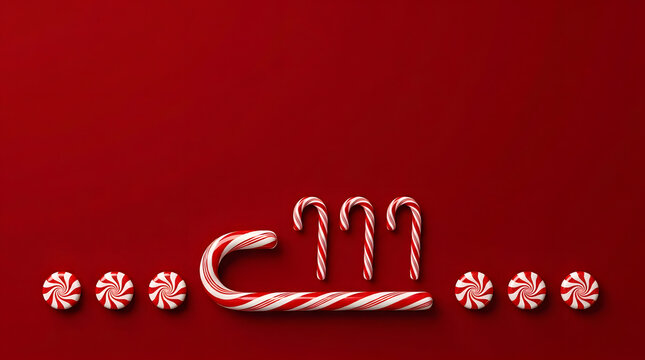 Festive christmas background featuring peppermint candies and candy canes arranged on a vibrant solid red surface for holidays
