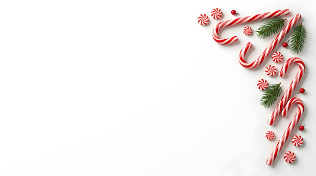 Festive christmas candy cane border design with pine branches and red berries isolated on a clean white background
