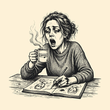 Tired yawning female illustrator drinking hot coffee while drawing sketches at wooden table.