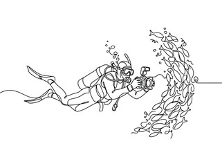 Obraz premium A diver films a school of fish underwater with a camera while exploring the ocean depths