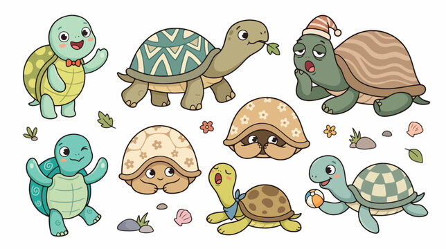 Cute Cartoon Turtles with Different Poses and Expressions