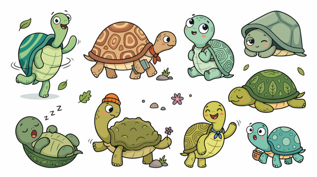Playful Turtle Characters Collection Isolated on White Background