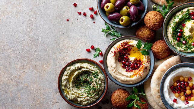Middle Eastern mezze flat lay with hummus and pita bread on stone table 