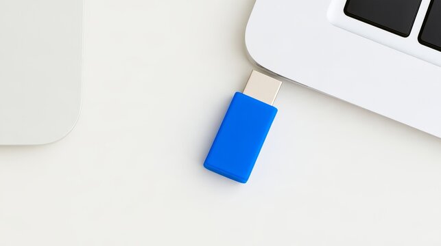 Person inserts USB stick into laptop on white backdrop