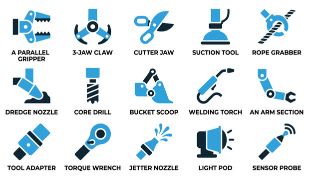 Set of industrial robotic arm tools and mechanical attachments for engineering and automation Minimal Editable Vector Solid Fill Icon set