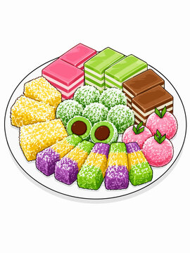 Assorted traditional Indonesian snacks known as jajanan pasar illustration on a white plate