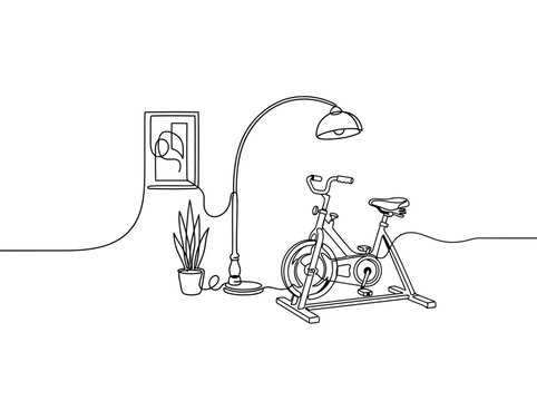 Stationary bike with plant and lamp on white background for home fitness and workout