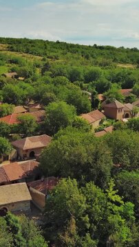 Aerial view of old rustic vintage houses with wine cellars in Rogljevacke pivnice in Negotin region of Serbia. Vertical video 4k