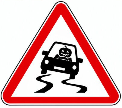 Illustration humoristique d&rsquo;un panneau de danger signalant une voiture conduite par une citrouille sur une route glissante.