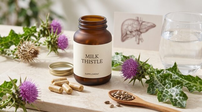 Herbal milk thistle supplement with capsules and fresh thistle flowers  