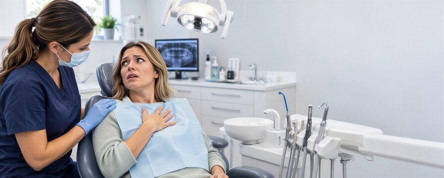 Dental patient experiencing a panic attack in the dentist chair while a clinician offers reassurance, concept of dental anxiety, treatment fear, phobia and compassionate professional care