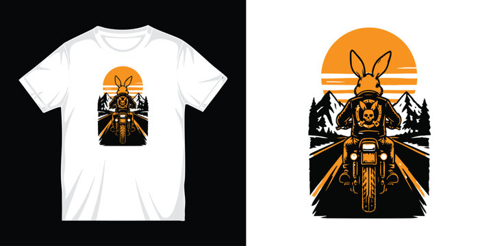 Wild rabbit biker riding on mountain road towards sunset scenic view vector artwork suitable for printing on custom casual t shirt designs. t-shirt