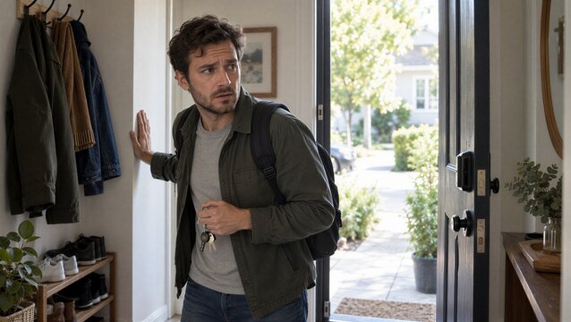 Anxious man hesitating at his open front door before leaving home, touching the wall for support, concept of agoraphobia, panic disorder, avoidance and fear of going outside