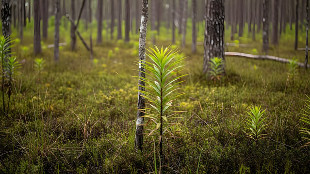 Young Birch Tree in Dense Forest.