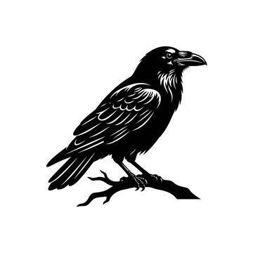Black Raven Bird Vector Illustration Perched on Branch Editable EPS