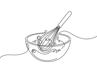 Obraz premium A single continuous line drawing of a whisk mixing batter in a bowl showing a clean and simple cooking process