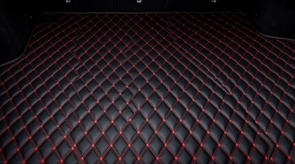 Obraz premium Quilted black leather trunk liner with red stitching installed in modern car cargo area. Provides stylish protective floor for automotive interior.