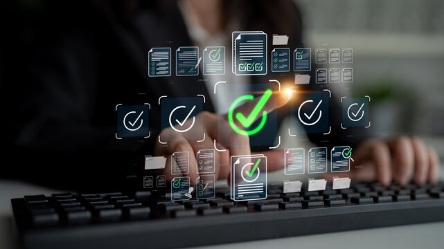 Business Professional Using Keyboard with Digital Document Management System and Approval Icons for Office Productivity and Workflow Optimization Sigmoid
