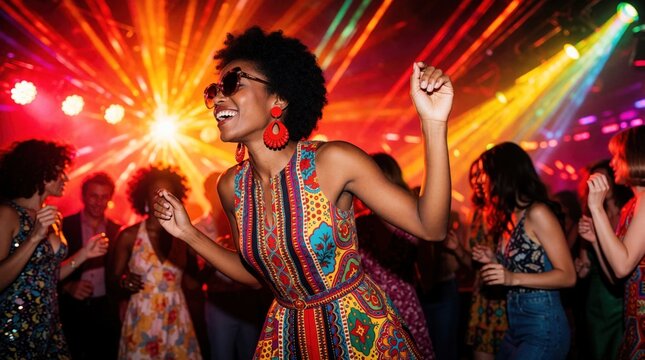 African American woman dances at disco club in 1970s style outfit. People enjoy nightlife with colorful lights and retro fashion on dance floor.