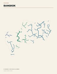 River network map of Bangkok Province, Thailand, rivers and streams colored by drainage basin on cream background © Tanarom