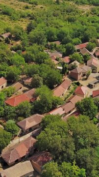 Aerial view of old rustic vintage houses with wine cellars in Rogljevacke pivnice in Negotin region of Serbia. Vertical video 4k