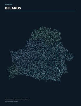 River network map of Belarus, rivers and streams colored by drainage basin on dark navy background