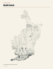 Contour line topographic map of Buri Ram Province, Thailand, minimalist elevation isolines on cream background © Tanarom