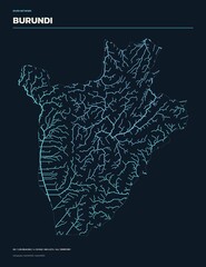River network map of Burundi, rivers and streams colored by drainage basin on dark navy background © Tanarom
