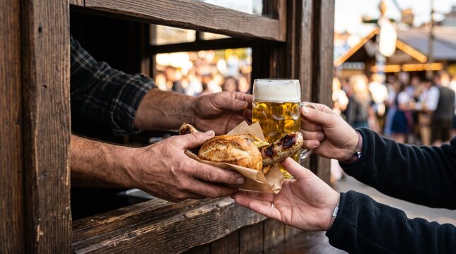 Customer receiving fresh bratwurst bun and beer mug at wooden market booth