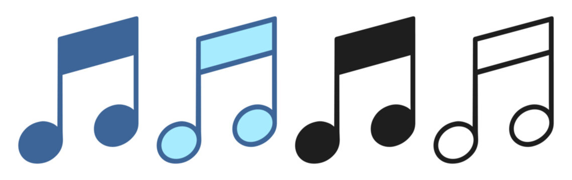 Musical eighth note set in black and blue outline and solid styles on transparent background