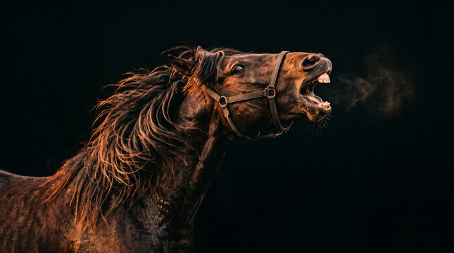 Powerful dark horse snorting steam in dramatic lighting with open mouth