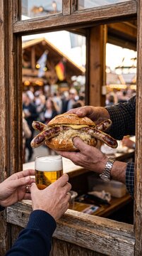 Framed POV of vendor exchanging double bratwurst and draft beer at bustling german festival with huge space for text