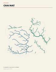 River network map of Chai Nat Province, Thailand, rivers and streams colored by drainage basin on cream background © Tanarom