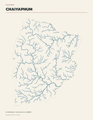 River network map of Chaiyaphum Province, Thailand, rivers and streams colored by drainage basin on cream background © Tanarom