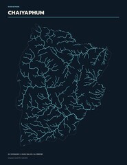 River network map of Chaiyaphum Province, Thailand, rivers and streams colored by drainage basin on dark navy background © Tanarom