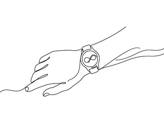 Obraz premium A minimalist line drawing of a hand wearing a watch with an infinity symbol while showing the concept of eternity
