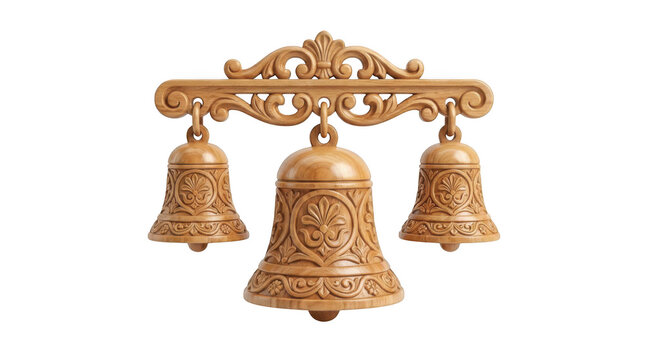 Three ornate wooden christmas bells hanging from a decorative carved wooden bar isolated on transparent background