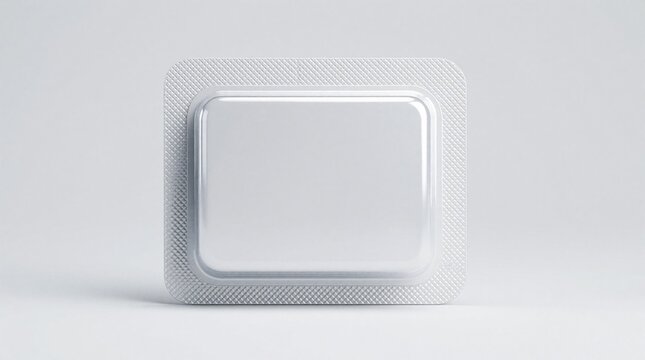 Rectangular blister pack with clear plastic dome sits on white surface. Retail packaging for goods, products, or small items. Clean design, ready for product placement or mockups.