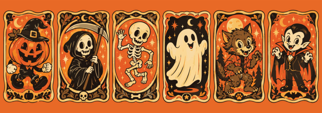 Vintage Halloween Character Banner with Cute Spooky Retro Cartoon Panels