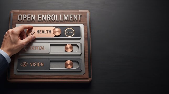 Open enrollment health insurance selection interface panel for employee benefits and medical coverage administration in a modern corporate workplace