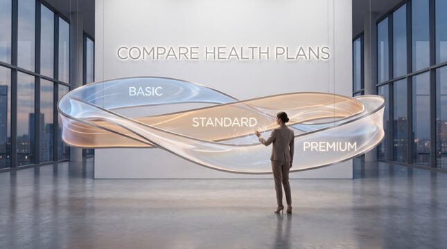 Open Enrollment Health Plan Comparison Display for Employee Benefits Featuring Basic Standard and Premium Tiers in a Modern Workplace Setting