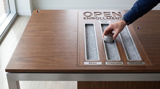 Open Enrollment Health Plan Tier Selection Dial Console Featuring Basic Standard and Premium Choices for Workplace Employee Benefits and Insurance Coverage