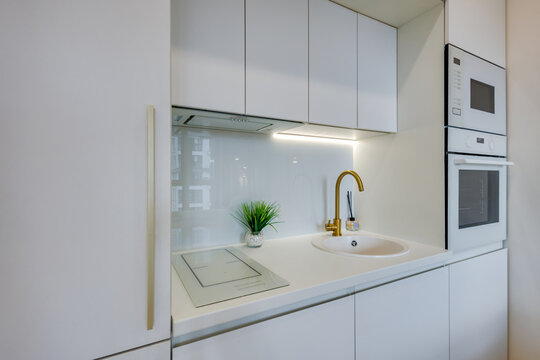 Interior of the modern luxure kitchen work area  in studio apartments in minimalistic style