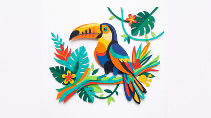 Fototapeta premium Colorful toucan bird made of paper sitting on branch with tropical leaves
