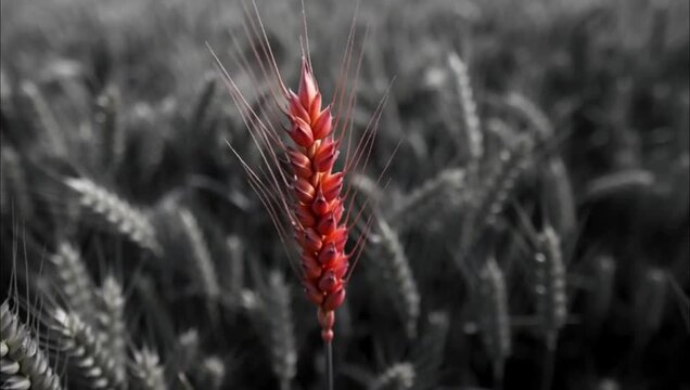 A single red wheat ear standing out in a black and white field.