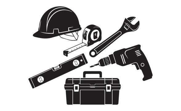 Construction tools and maintenance equipment collection icons including helmet and toolbox