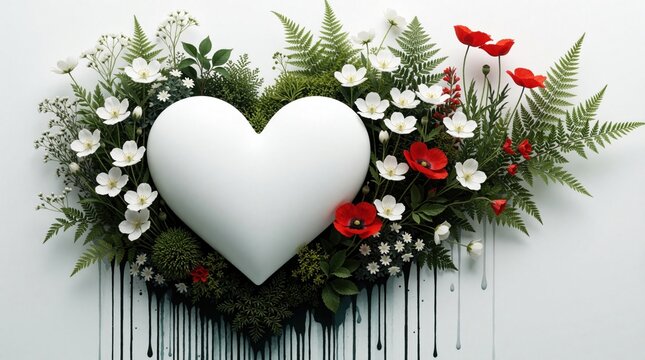 White heart shape nestled in green foliage, red, white flowers bloom. Nature elements create beautiful composition, love, life, organic beauty. Background splatters add artistic touch.